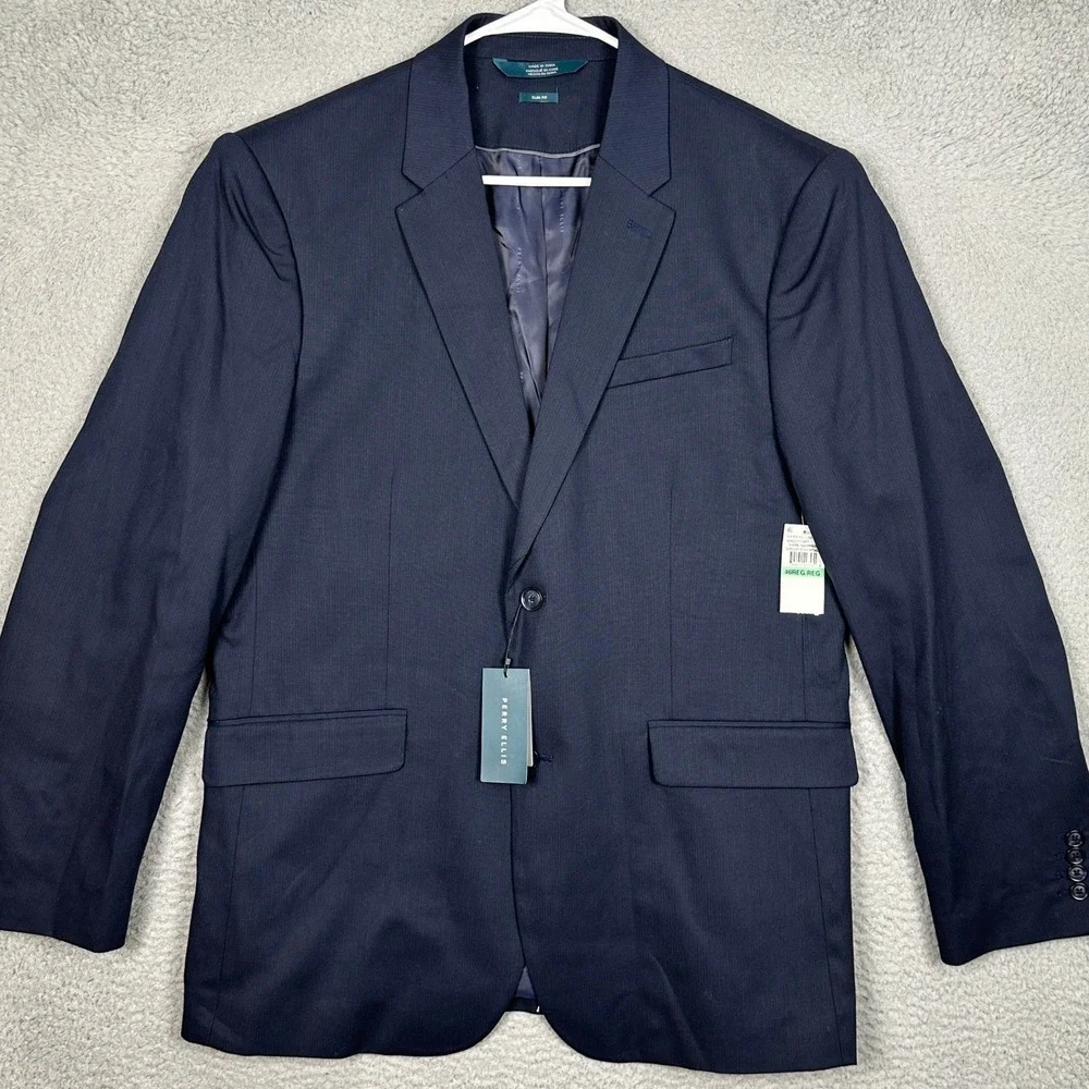 NEW Perry Ellis Blazer Mens 46R Slim Fit Dark Sapphire Suit Jacket Sport Coat